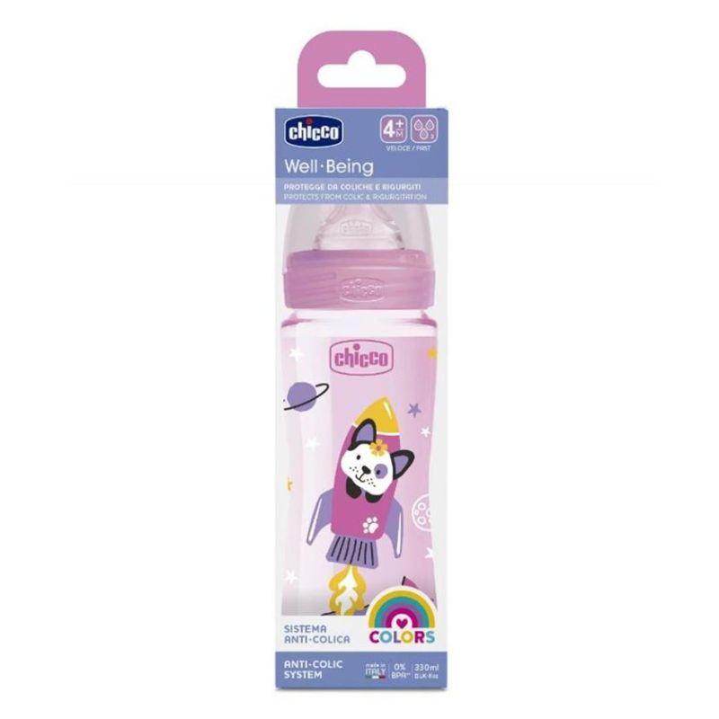 Chicco WB set – plastična flašica 330 ml + Light laža, roze (4+ meseci)