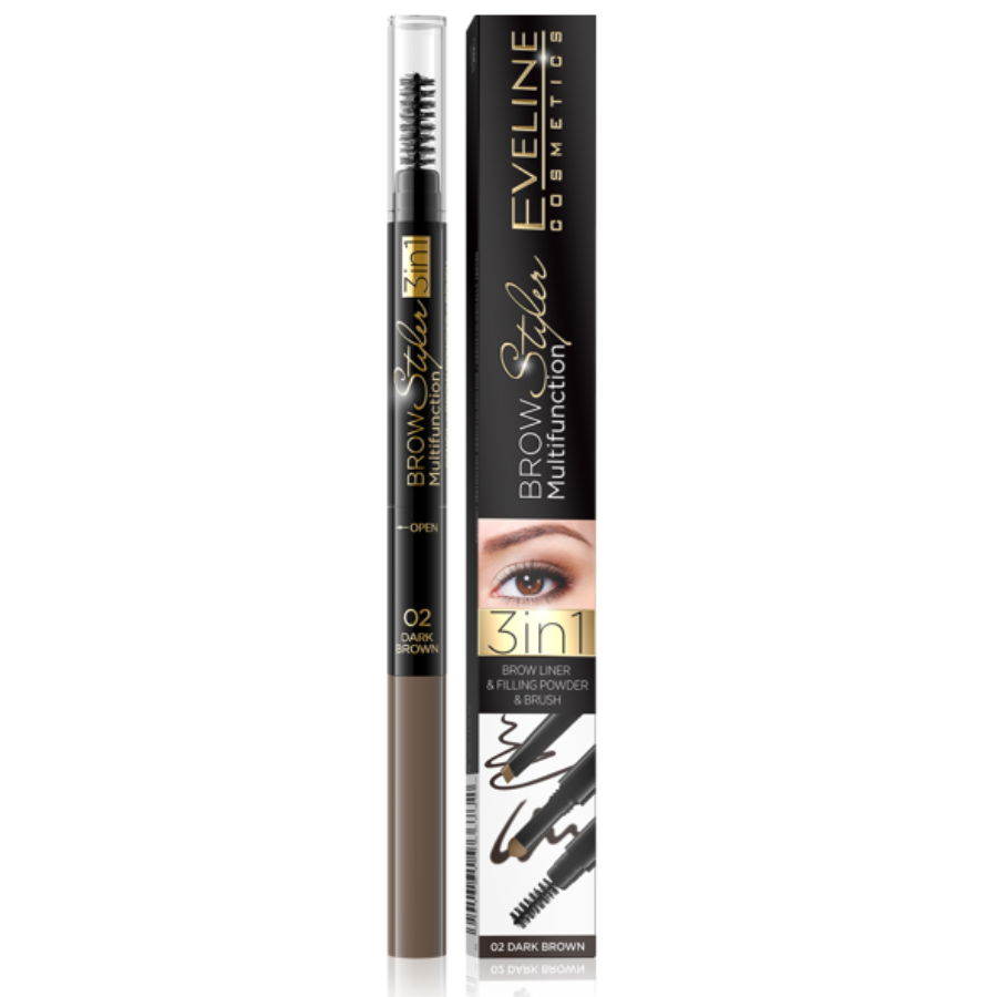 Olovka za obrve Styler Multifunction 3u1 za obrve- 02 Dark Brown, 3 ml Eveline