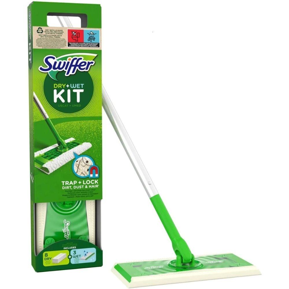 Swiffer DRY+WET KIT set za čišćenje podova – 1 mop + 8 suvih i 3 vlažne krpe, 360° rotacija