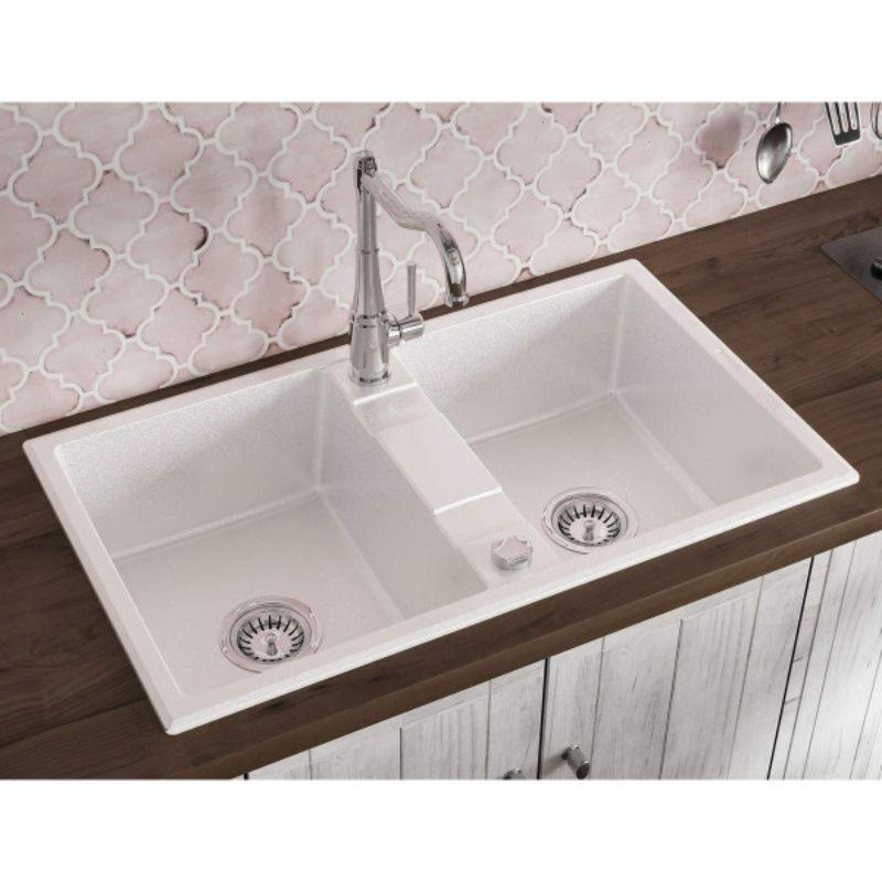 Deante sudopera Eridan 86/AL/2 – granitna sudopera sa dva korita u alabaster boji i daljinskim podizačem