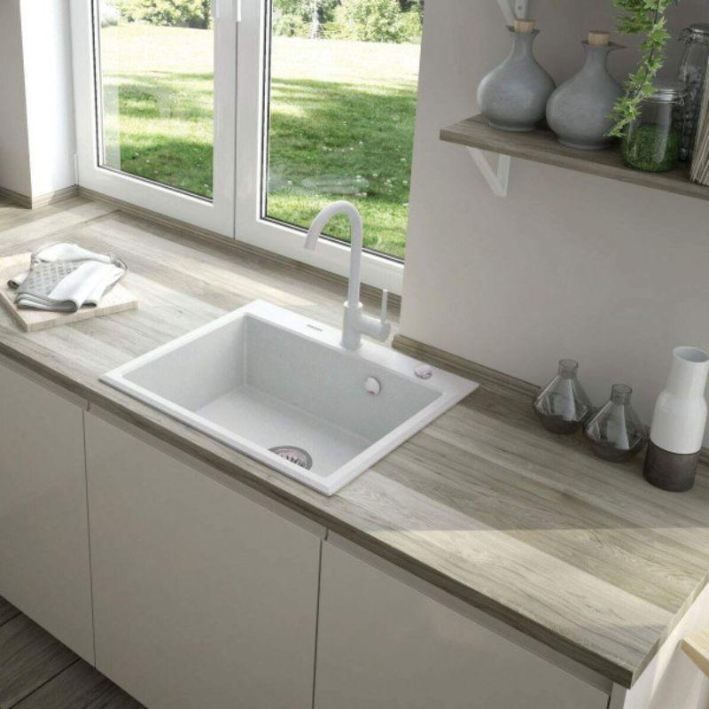 Deante slavina Milin WH – granitna kuhinjska slavina bela, keramički mešač, visoki izliv