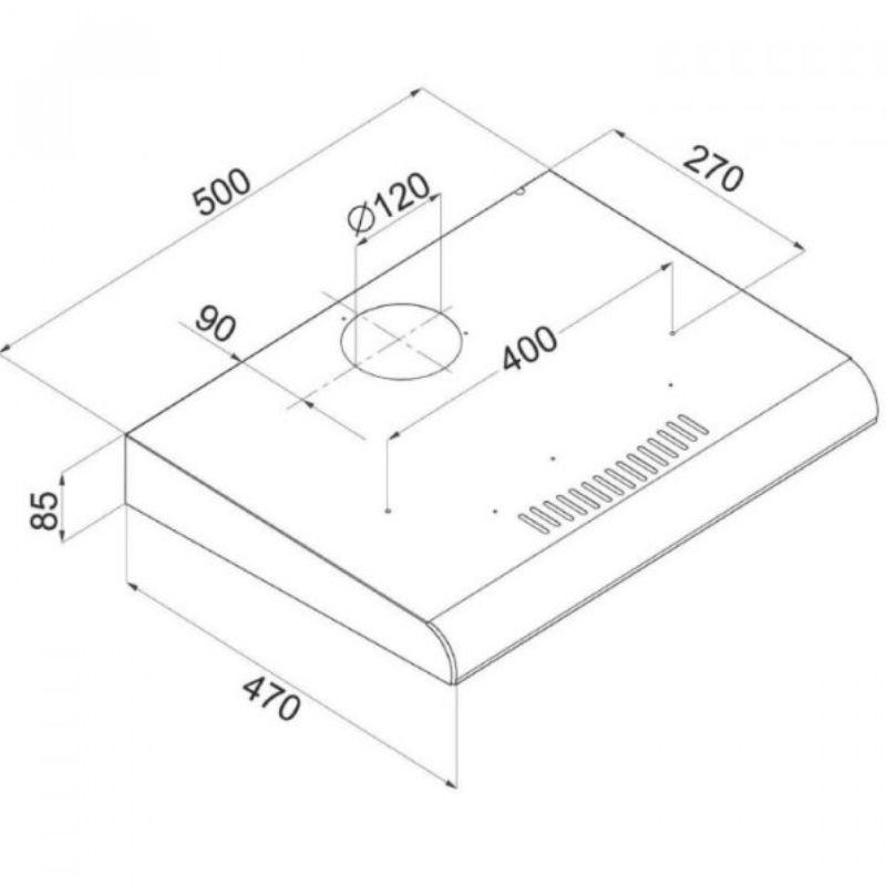 Tehnički crtež sa dimenzijama 85 x 500 x 470 mm